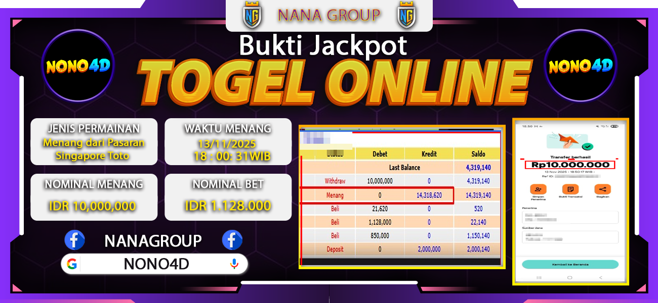 Bukti Kemenangan Besar Dibayar lunas Member NONO4D RP 10.000.000, 13 November 2025